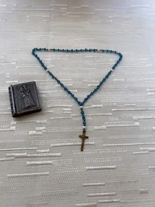 ANTIQUE MINIATURE ROSARY 6.5”L & TINY HOLDER BOOK PENDANT ST ANNE DE DEAUPRE - Picture 1 of 11