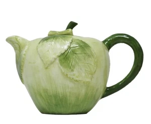 Vintage San Marco Nove Italy Green Apple TEAPOT w Lid Handle Embossed Leaf  - Picture 1 of 11