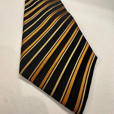 Corbata Geoffrey Beene clásica de lujo a rayas doradas y negras 100 % seda hecha a mano Foto 1 de 4