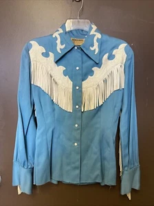 Camicia western vintage Ranch-Maid Western Wear Denver - blu con frange - Foto 1 di 14