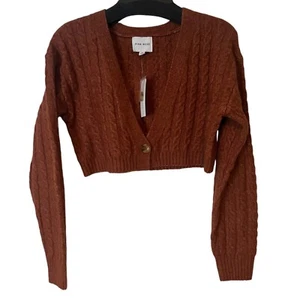 Pink Rose Crop Cardigan Womens Medium Sweater Rust Cable Knit NEW - Picture 1 of 11