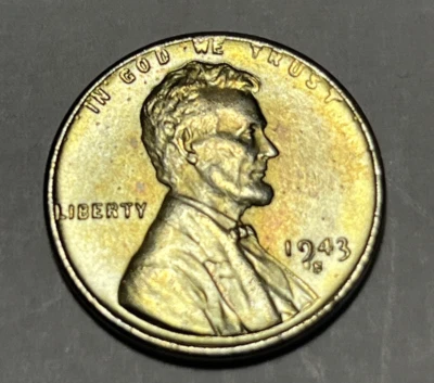 1943 S Penny Errores Golpe a Través de Grasa Arco Iris Tonificación Doble Fecha S Sobre S Foto 1 de 4