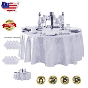 Spill Resistant 108" Round Damask Tablecloth - White Polyester for All Seasons - Picture 1 of 8