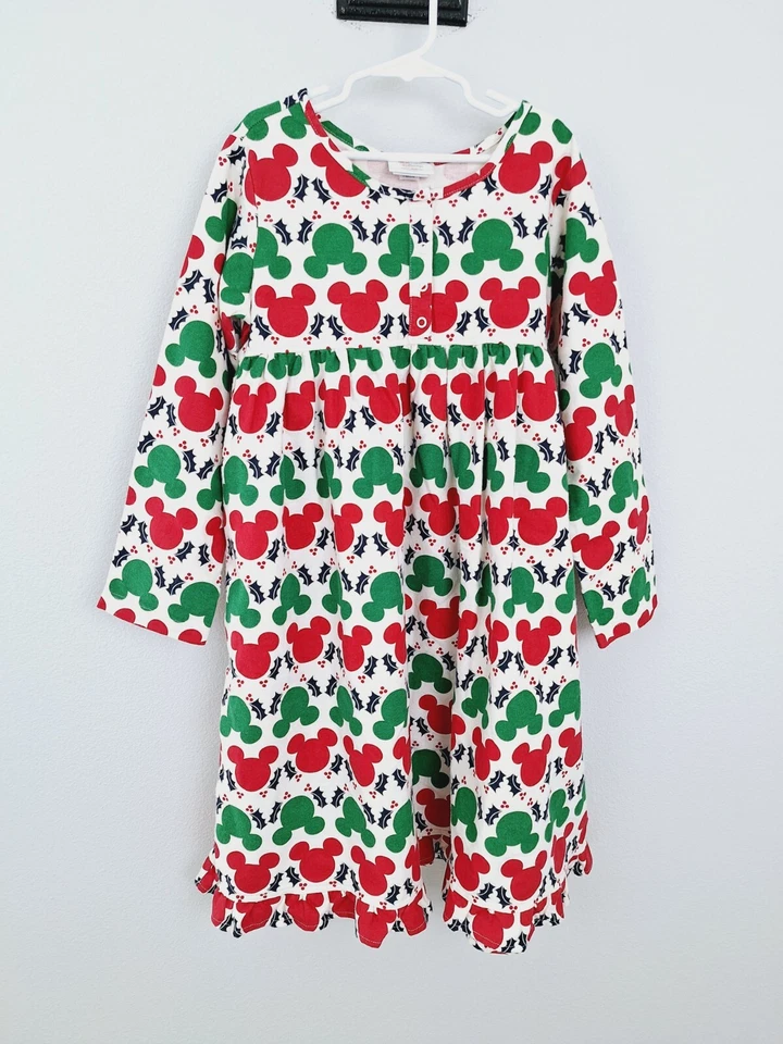 Hanna Andersson Disney Nightgown 140 US 10 Cream Red Green Mickey Mouse LS j - Image 1 of 4