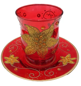 Ruby Red Glass Candle Holder with Underplate; Jeweled, Gold Glitter and Filigree - Picture 1 of 10