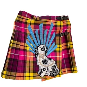 Gucci Embroidered Staffordshire Dog Tartan Wool Pink Yellow Skirt Size 5 - Picture 1 of 21