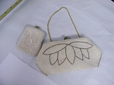 Vtg White Beaded Evening Pocketbook w/Chain & Coin Purse Prom Ball Special Event - Image 1 of 4