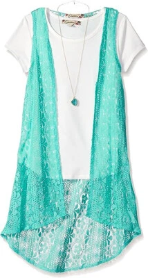 Speechless Girls' Big Vest 2 Piece Hi Lo Hem with Tee, Jade/ Ivory,M - Image 1 of 3
