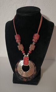 Vintage Necklace CHICO'S Faux Tortoise Shell 16" Leather Orange Amber 55g 4" Ext