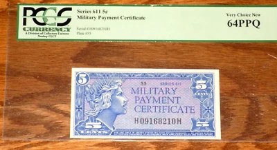 PCGS Military Payment Certificate 5 Cents Series 611 Uncirculated Grade 64 PPQ - Image 1 of 4