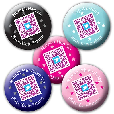 BONGO BADGES Personalised QR code Hen Stag Birthday Badge Mirror twitter facebook *5for4*