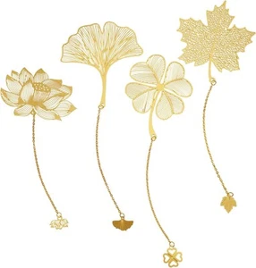 1PC Golden Leaf Hollow Metal Bookmarks with Chains (4 options) - NEW SEALED - Imagen 1 de 30