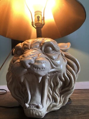 Vintage Tiger Head Table Lamp Resin? 22” Tall Lion Jungle Safari Green Shade HTF - Image 1 of 4