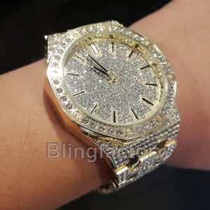 Men's Luxury Style Iced Bling Gold Plated Simulated Diamond Bracelet Metal Watch - Picture 1 of 4
