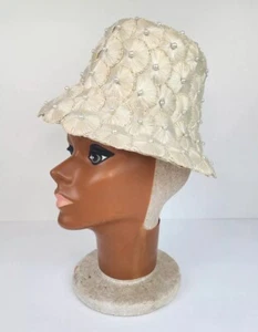 Vintage 1960s Bucket Hat White/cream Straw With Faux Pearls Beehive Hat Disco - Picture 1 of 20