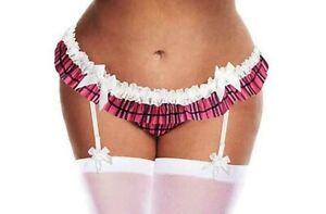 Schoolgirl Garter Skirt Crotchless Panties Pink Plaid Queen Plus Lingerie 1x2x
