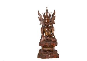 Ein antiker, gekrönter Jambupati Buddha. lackierte & vergoldete Holzfigur. Burma - Bild 1 von 13