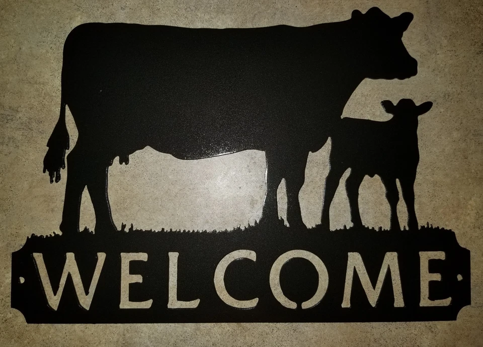  Letrero de bienvenida, vaca y ternero, lechería, vida de granja ganado angus Foto 1 de 2