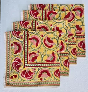 4 Ajmer All Cotton Indian Block Print Napkins Yellow/Red/Pink/Green NEW wo Tags - Picture 1 of 5