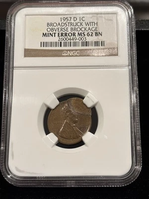 1957-D Lincoln Penny Broadstruck With Obverse Brockage NGC MS 62 Mint Error - Image 1 of 4