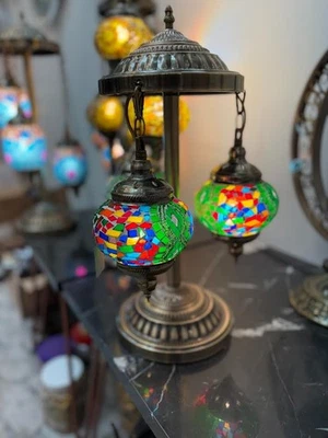 Handcrafted Turkish Mosaic Table Lamp – 3 Globe, Multicolor, 20 Inch Height - Image 1 of 4