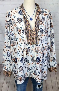 Dip Blouse Tunic Long Sleeve Cuffs Tassels Floral Peasant Boho Western Size L - Picture 1 of 18
