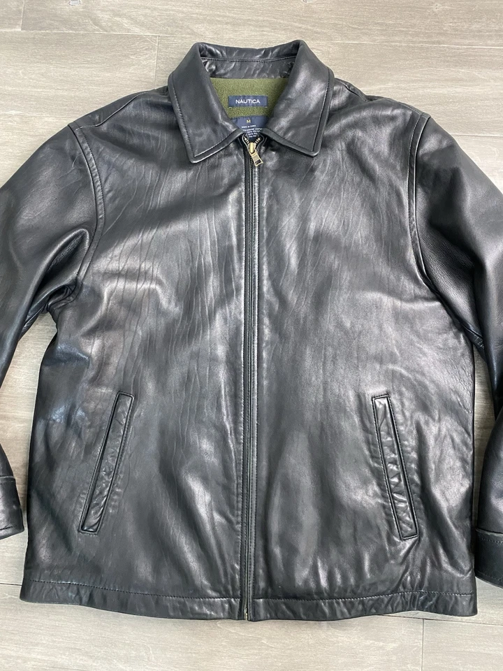 Chaqueta de Cuero Suave Nautica Forrada de Vellón Moto Bombardero Motociclista Negra Para Hombre Talla M Foto 1 de 4