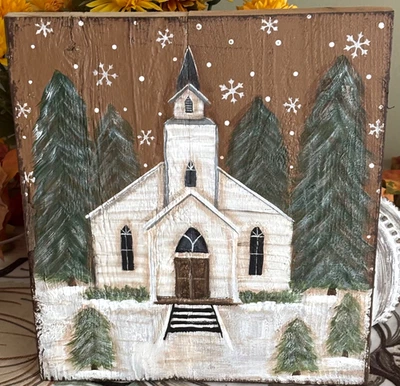 *~* HAND PAINTED WINTER CHURCH SCENE *~* PINE TREES *~* RECLAIMED WOOD - Image 1 of 4