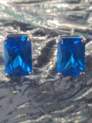 Blue Zircon Labcreated Emerald Cut Stud Earrings 14kt Solid Yellow Gold  - Image 1 of 4