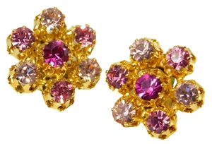 Vintage Austria Multicolor Pink Crystal Gold Tone Flower Clip On Earrings - Picture 1 of 4
