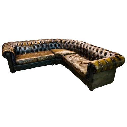 Q' Rare Vintage Green - Braune Chesterfield Corner Couch Made of Real Thick Cover