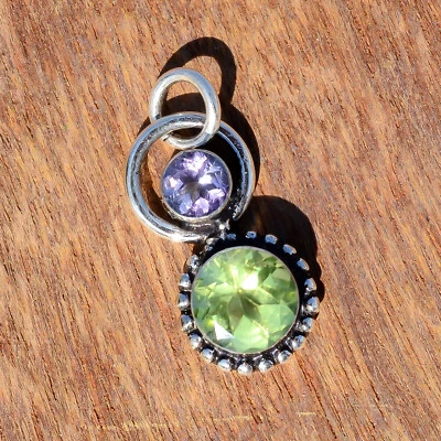 Faceted Peridot & Amethyst Cut Gemstone Pendant 925 Sterling Silver Boho Jewelry - Image 1 of 4
