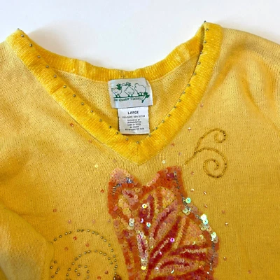 Quacker Factory Sweater Womens Large Yellow Sequin Butterfly Rhinestones Y2K - Image 1 of 4