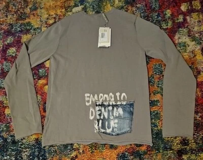 EMPORIO ARMANI *RARE* Grey Sweater Painted Denim Pocket Size S MSRP $248 Gray - Image 1 of 4