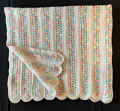 Handmade Crochet Ripple Baby Afghan Blanket Soft Pompadour Yarns 44” X 43” - Image 1 of 4