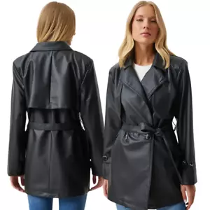 Women's Black Genuine Leather Double Breasted Stylish & Durable Long trench Coat - Picture 1 of 6