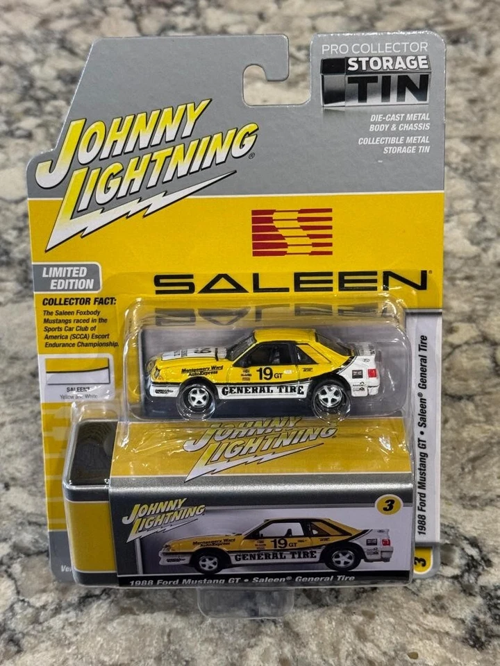 Johnny Lightning 1988 Saleen Ford Mustang GT Yellow White with Tin  1/64 - Image 1 of 1