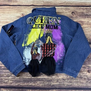 Girls Denim Jacket Sz 14/15 Blue Long Sleeves Queen Like Mom Back Graphic - Picture 1 of 6
