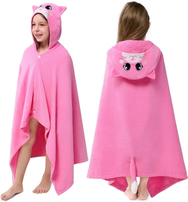 Kids Hooded Towel 100% Cotton Bath Beach 30”x50” Pink Cat Poncho Ages 3-10 Years - Image 1 of 4