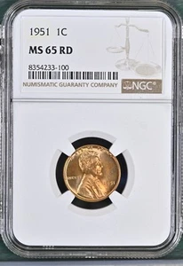 1951 Lincoln Wheat Cent Penny NGC MS-65 RD -100 - Picture 1 of 2