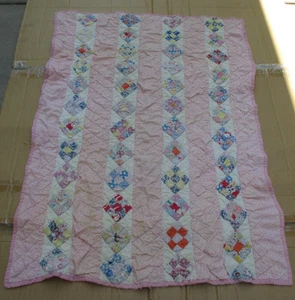 Vintage Quilted Patchwork Nine Patch Diamond Quilt Hand Sewn 52" x 37" - Picture 1 of 14