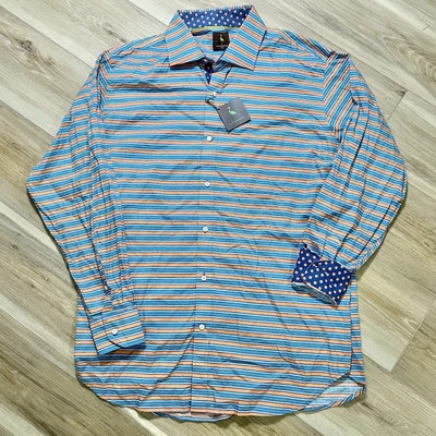 NWT Taylor Byrd Button Up Shirt Stripe Dots Preppy Golf NAVY ORANGE XXL (READ) - Image 1 of 4