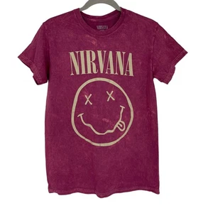 Officially Licensed Nirvana Nevermind Smiley Grunge Tee Magenta Acid Wash Small - Picture 1 of 5
