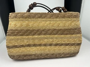 Vintage Brown/tan Shoulder Purse Handbag tote Bag straw beaded leather strap - Picture 1 of 21
