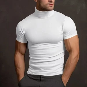 Summer Solid Color Short Sleeve Fashion Base Shirt Mens Tight Turtleneck T-Shirt - Picture 1 of 72