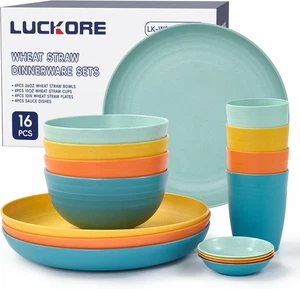 Wheat Straw Dinnerware Sets 16 PCS - Unbreakable Reusable Dinnerware Dishes Dess - Picture 1 of 11