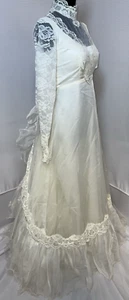 70's Vintage Wedding Dress Satin Lace Tulle High Neck Bow Size 8 w97 - Picture 1 of 15