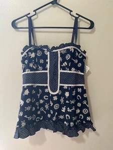 Nanette Lepore Seide marineblau Korsett Druck Top Größe 4 neu mit Etikett - Bild 1 von 7