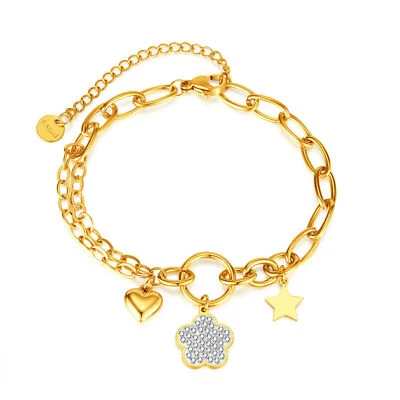 Women Teen Girls Love Heart Charm Bracelet Gold Stainless Steel Romantic Gift - Image 1 of 4