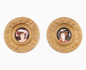 ANTIQUE PAIR ROYAL VIENNA PORCELAIN PAINTED BRASS DISH DISK PLATE PLAQUE 1880s - Picture 1 of 6